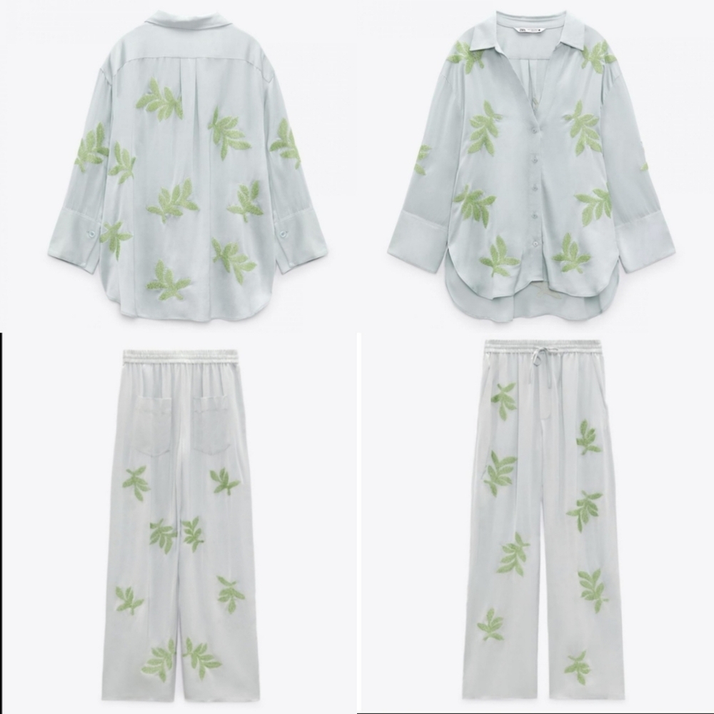 ZARA Set 2 pc Embroided Beaded Leaf Wide Satin Pants and Top size S - Picture 13 of 14